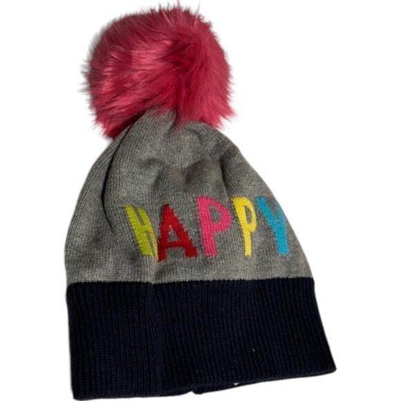 Baby Gap girls grey 'Happy" pompom toque - Picture 2 of 4